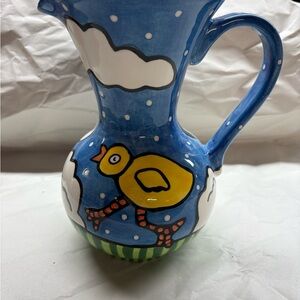 Hand-Painted Blue Ceramic Pitcher with Yellow Chick Design